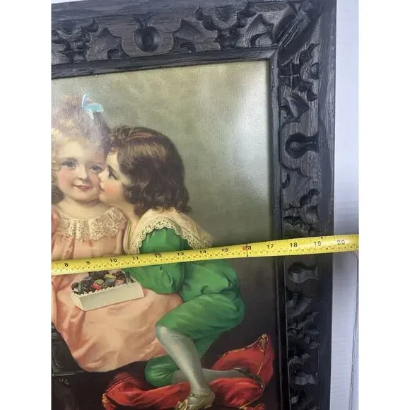 Vintage Victorian Lithograph Boy & Girl Print In Solid Wood Frame 20” X 24”